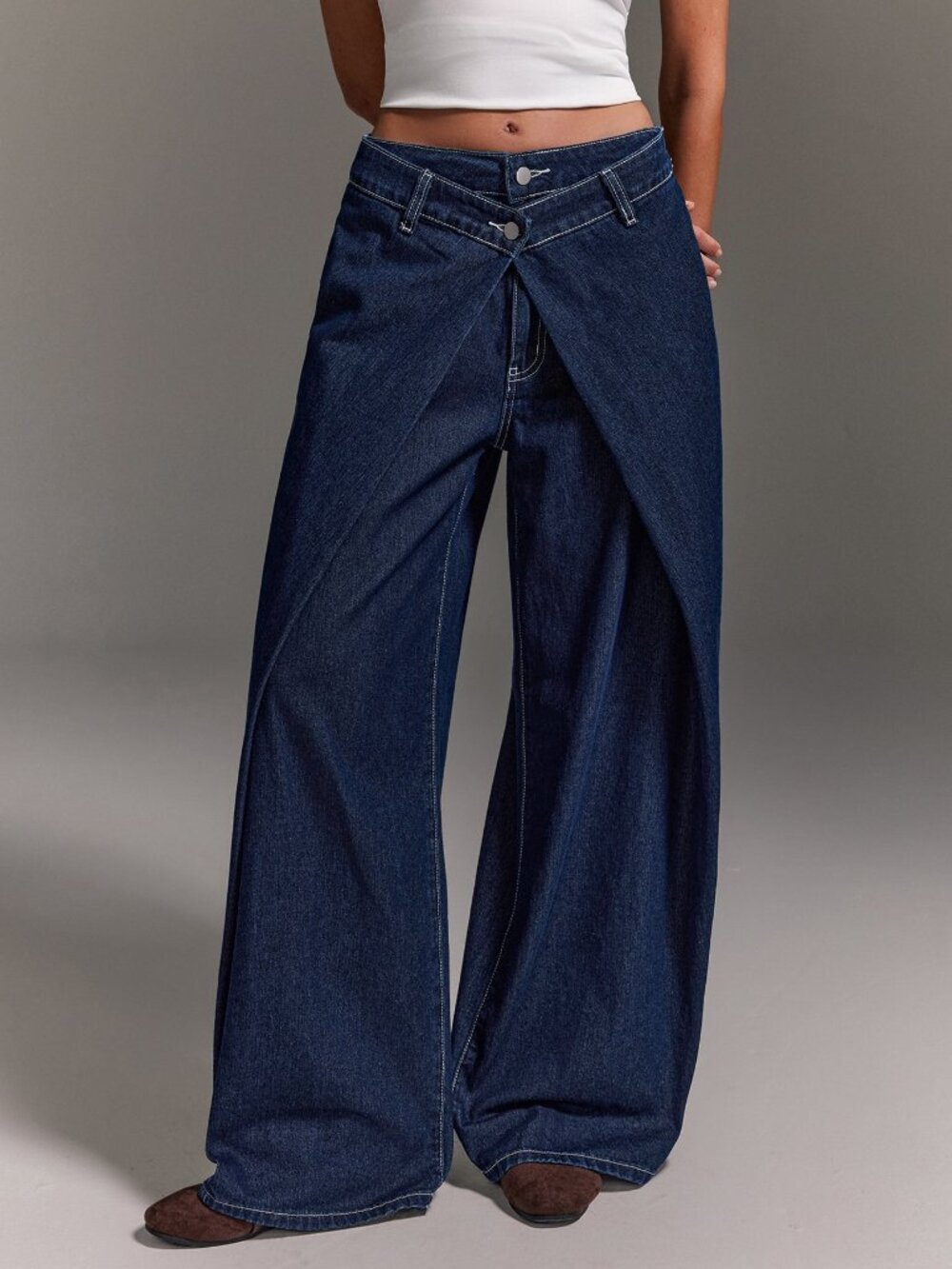 Dark Wash Elegant Women's Wide Leg Loose Casual Denim Jeans - Picture 3 of 4